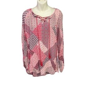 Ruff Hewn pink  Patterned Women's Blouse tunic length size 1X tie neck